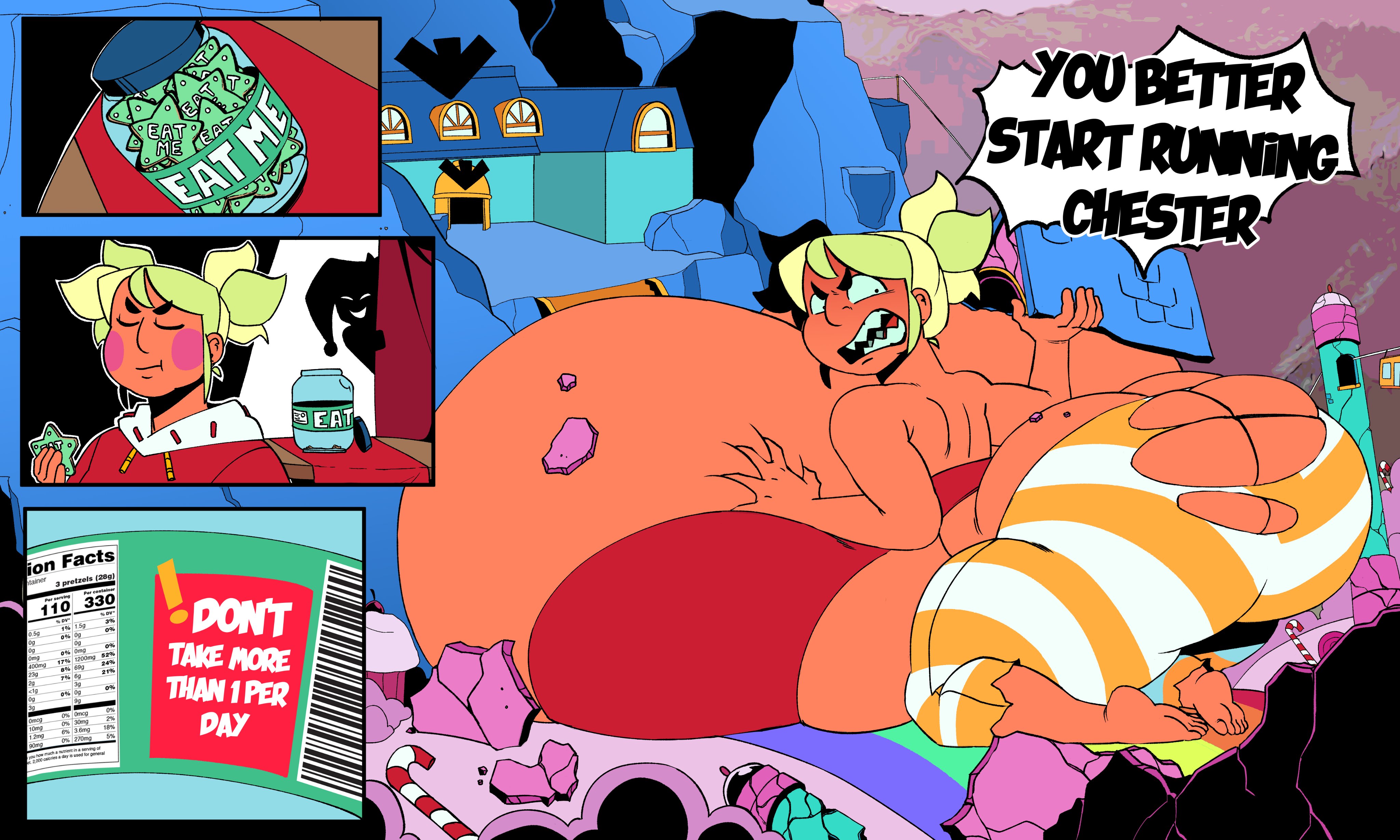angry, ass, ass expansion, ass focus, big ass, big breasts, brawl stars, breast expansion, breasts, breasts out, chester (brawl stars), eating, elpiromanias, giantess, growing, growing out of clothes, growth, growth sequence, large breasts, mandy (brawl stars)