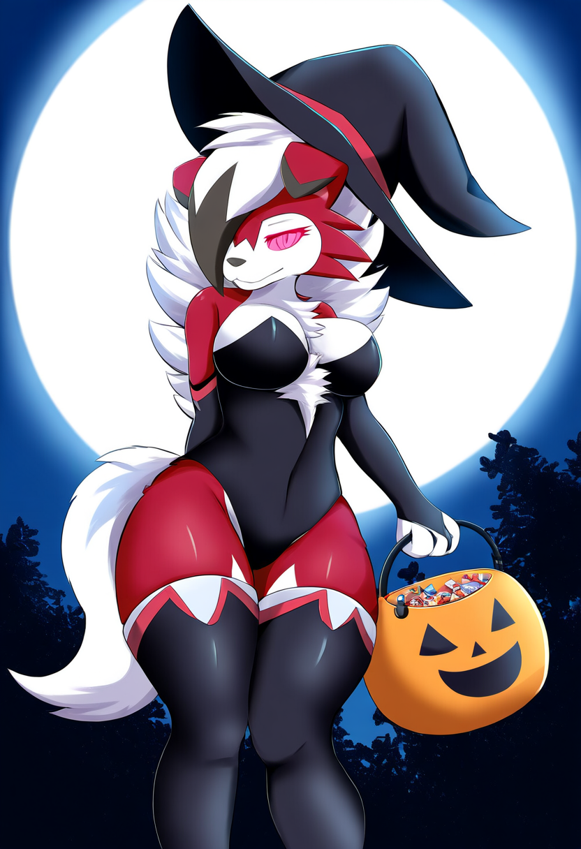 ai_generated anthro breasts candy_bucket cleavage female female_only full_moon halloween halloween_costume lycanroc midnight_lycanroc nai_diffusion novelai pokemon pokemon_(species) self_upload thick_thighs weedvee420