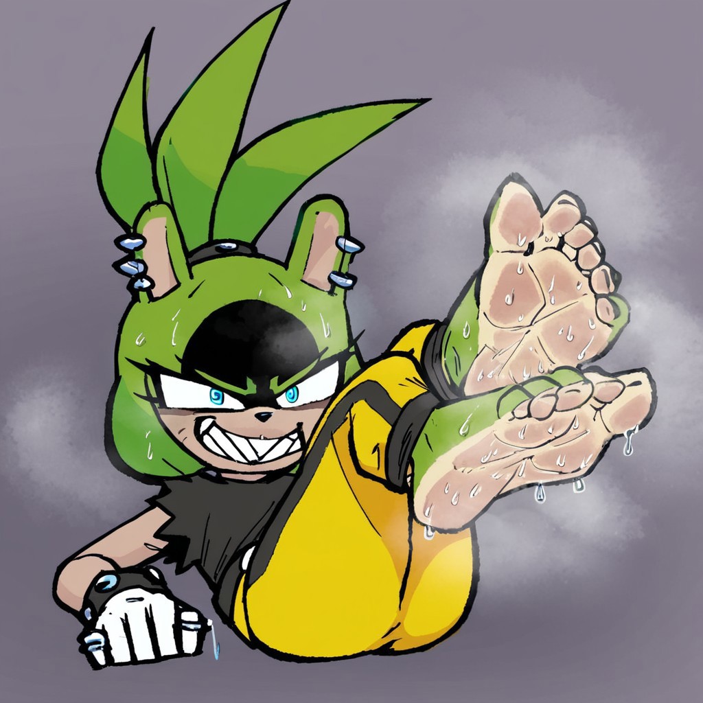 ai_generated anthro feet foot_fetish furry musk_clouds simple_background smell smile smiling_at_viewer surge_the_tenrec sweaty_feet