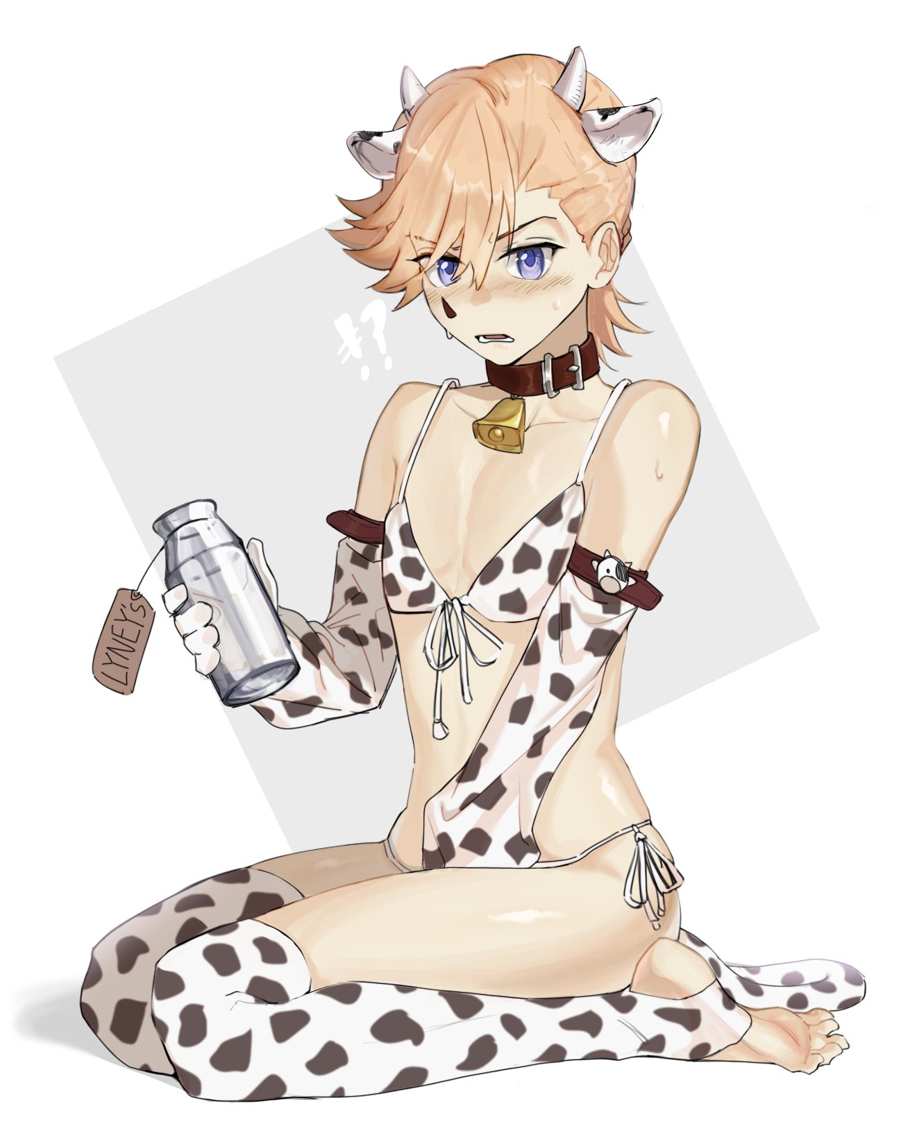 annoyed bana_gameg bikini blonde_hair boy cow_print cow_print_bikini embarrassed femboy hiding_erection lyney_(genshin_impact) male_only milk shiny_skin soft_skin soft_thighs twink