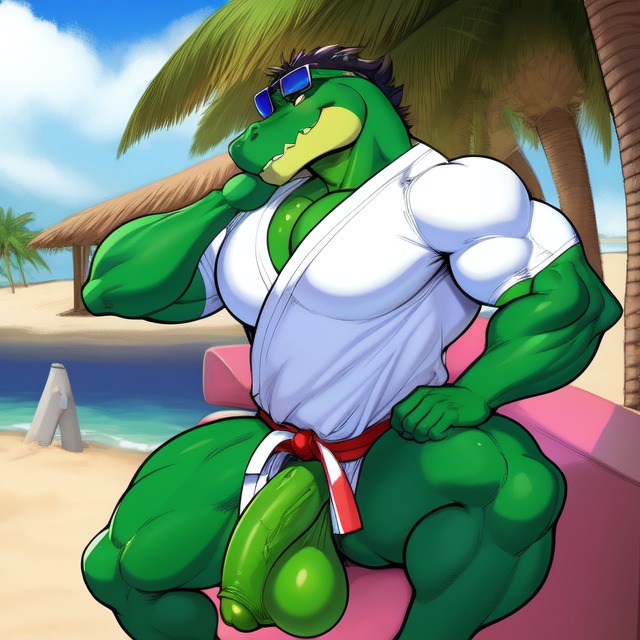 1boy 1furry 1male ai_generated alligator anthro beach big_balls big_penis brutal_paws_of_fury crocodile crocodilian erection frosting.ai furry furry_balls furry_male furry_only furry_penis gay gay_male green_body karate_croc male male_focus male_only muscle muscles muscular muscular_anthro muscular_male red_eyes reptile reptile_humanoid smiling solo solo_focus solo_male sugar1989 sunglasses sunglasses_on_head video_game video_game_character