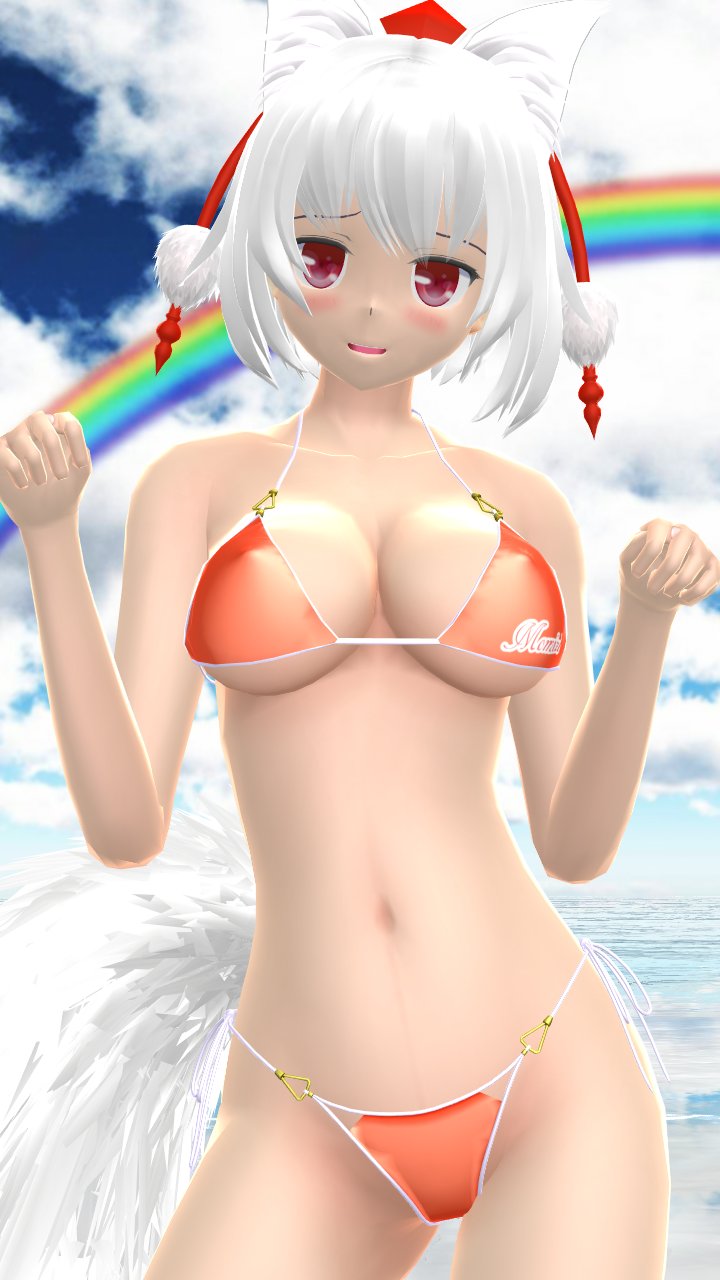 1girls 2023 3d beach belly_button bikini blush breasts cleavage clouds hati_yukkuri_mmd kemonomimi light-skinned_female looking_at_viewer mmd momiji_inubashiri orange_bikini outdoors rainbow red_eyes short_hair_female sky solo_female solo_focus swimsuit tengu tokin_hat touhou water white_hair_female white_wolf youkai