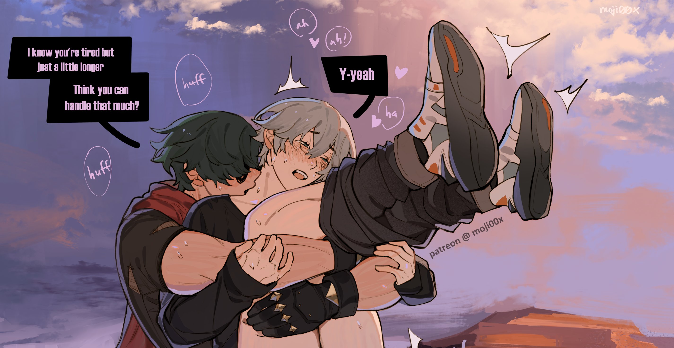 blush, bottomless male, desert, dominant, dominant male, gay, gay anal, gay sex, lighter (zenless zone zero), male, male only, moaning, moji00x00x (artist), overstimulation, railing, wise (zenless zone zero), yaoi, zenless zone zero