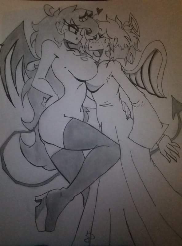 2girls ajdudebro angel areola blush boots breasts clothed clothing corruption cute_fang demon drawn evil female hair halo hips horns human large_breasts legwear long_hair looking_at_another marina_adler messy_hair nipples saffron_north seductive short succubus tail thighhighs thighs wings yuri