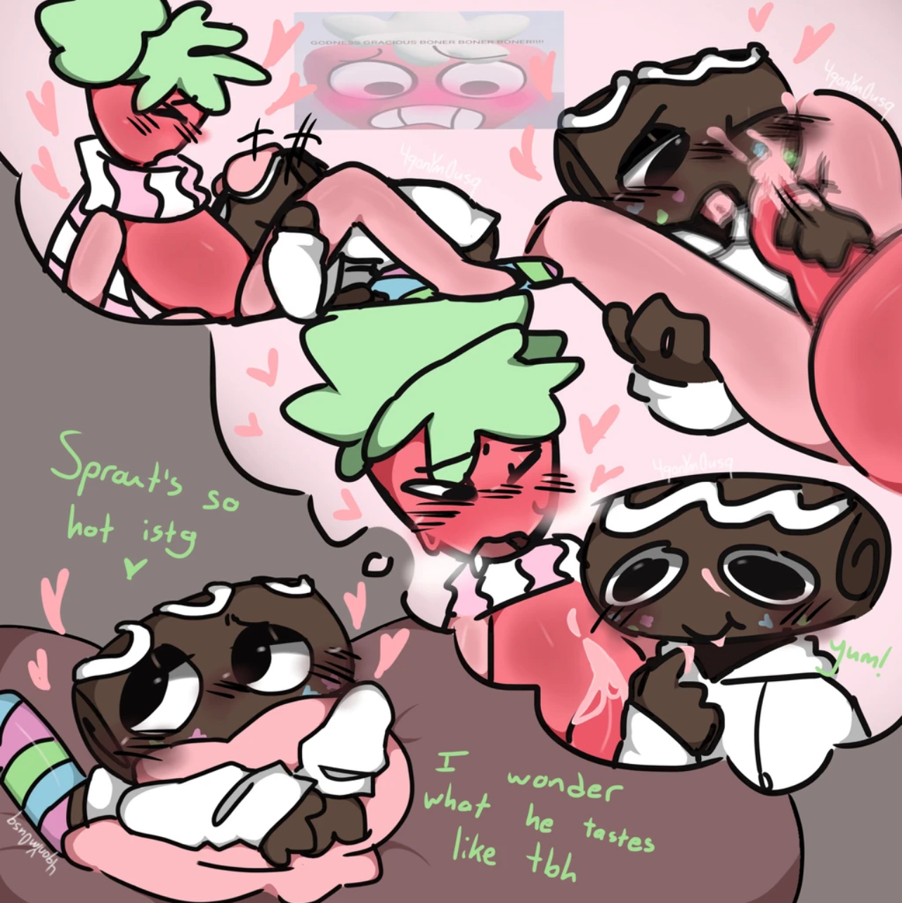 2boys, 4qonym0usq, artist request, blowjob, cosmo (dandy's world), cum, curious, dandy's world, daydream, gay, male, pleasure, sprout (dandy's world), tentacle