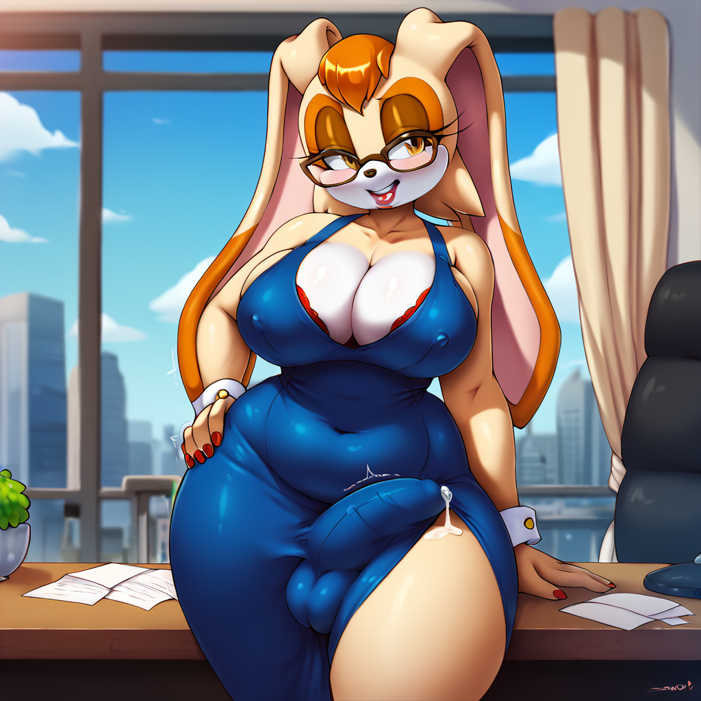 ai_generated balls balls_outline blue_dress bulge detailed_bulge futanari glasses hand_on_hip large_breasts penis penis_outline precum precum_through_clothing thick_thighs vanilla_the_rabbit wide_hips