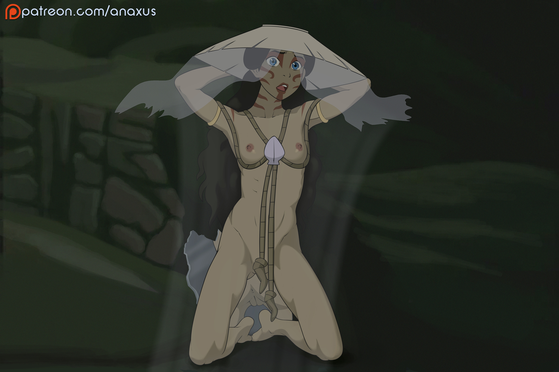 1girls, anaxus, anus, avatar the last airbender, black hair, blue eyes, breasts, dark skin, dark-skinned female, female, flat chest, hand on head, hat, katara, kneeling, long hair, mirror, nipples, nude, paint, painted lady, public, pussy, ropes, solo, straight hair, upset, vagina