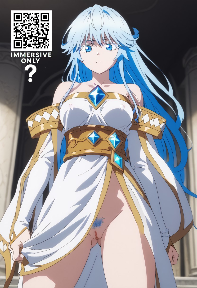 ai_assisted blue_hair dress elfaria_albis_serfort fantasy from_below highres nude outside pussy tsue_to_tsurugi_no_wistoria undressing upskirt