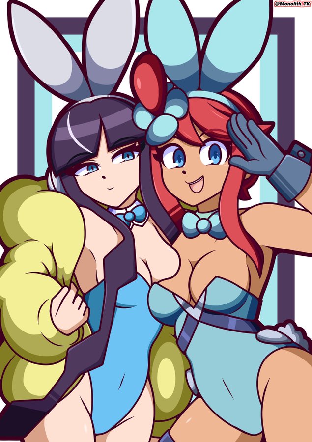 2024_pokemon_teraleak 2girls asymmetrical_docking bangs black_hair black_hair_female blue_eyes bowtie breast_press breasts bunny_ears bunny_girl bunny_tail bunnysuit cleavage clothed clothed_female clothing coat collar corset curvaceous curves curvy curvy_body curvy_female curvy_figure elesa_(pokemon) elesa_(pokemon_bw2) female female_only game_freak gloves gym_leader hair hair_tie happy headgear headphones headwear holster human large_breasts lesbian_couple looking_at_viewer monolith_tk navel nintendo no_sex open_mouth pale-skinned_female pale_skin pokemon pokemon_bw pokemon_bw2 red_hair red_hair_female salute short_hair_female short_hair_with_long_locks showing_off signature skyla_(pokemon) smile straps suggestive tan_skin tan_skinned_female thighs upper_teeth upper_teeth_only white_background yuri