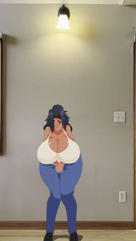 big_breasts black_hair blush breast_expansion dark_shoes dark_skin jeans large_hips mankor ponytail room white_tank_top