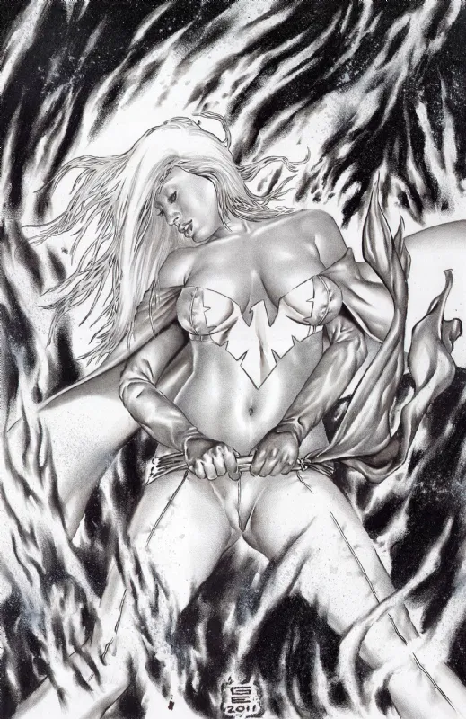 black_and_white breasts cameltoe emma_frost female female_only frontal_wedgie gene_espy hellfire_club large_breasts marvel marvel_comics phoenix pinup pussy pussy_bulge white_queen x-men