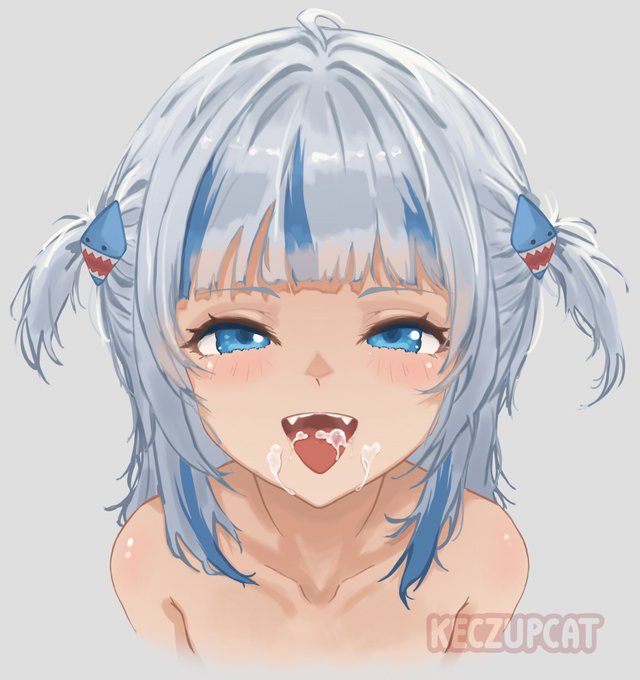 1girls blue_eyes blue_hair blush cum cum_in_mouth cum_on_face cum_on_mouth cumshot facial female_focus gawr_gura hololive hololive_myth horny_female keczupcat looking_at_viewer nude open_mouth shark shark_girl shark_humanoid silver_hair simple_background virtual_youtuber white_hair young