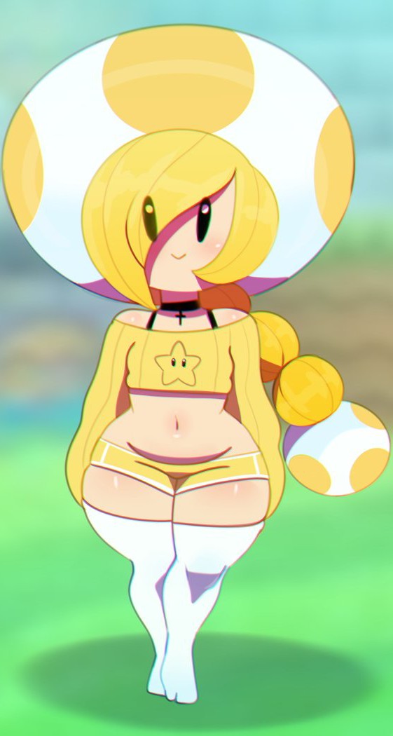 black_collar black_eyes choker cross female_toad happy_face happy_female mario_(series) mushroom_hat nintendo ponytail short_pants small_breasts somescrub super_mario_bros. thighhighs thighs toad toad_(mario) tummy uncovered_shoulders white_hat white_socks wide_hips yellow_hair yellow_panties yellow_topwear