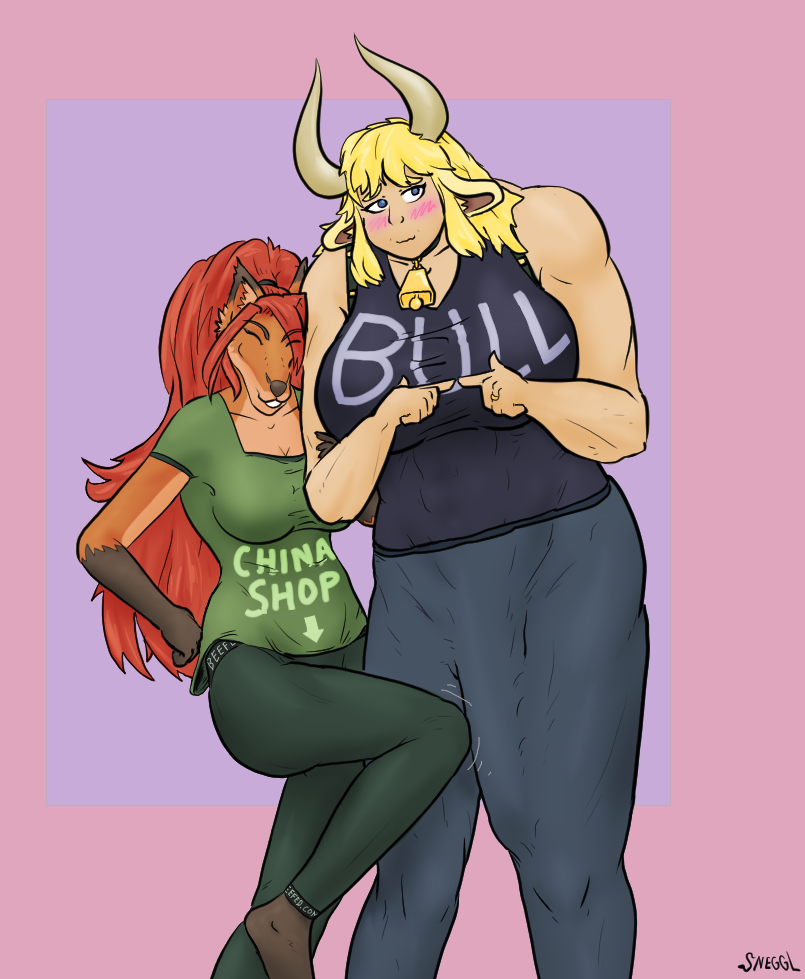 2girls blonde_hair blush bovine bulge bull canine cowbell dickgirl erection_under_clothes fox futanari horns mischievous_smile muscle red_hair shy sneggl spandex teasing text text_on_clothing yoga_pants