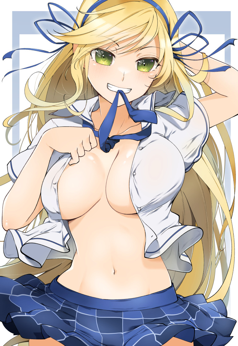 1girls blonde_female blonde_hair breasts cleavage female_only grin happy katsuragi_(senran_kagura) long_hair mzknk0 senran_kagura skirt smile solo technically_clothed