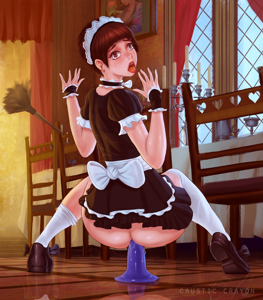 1boy, anal, anal insertion, anal training, androgynous, candlestand, causticcrayon, crossdressing, dildo, feather duster, femboy, girly, lipstick, maid, maid headdress, maid uniform, male, male only, malesub, sex toy, skirt, solo, tears, trap
