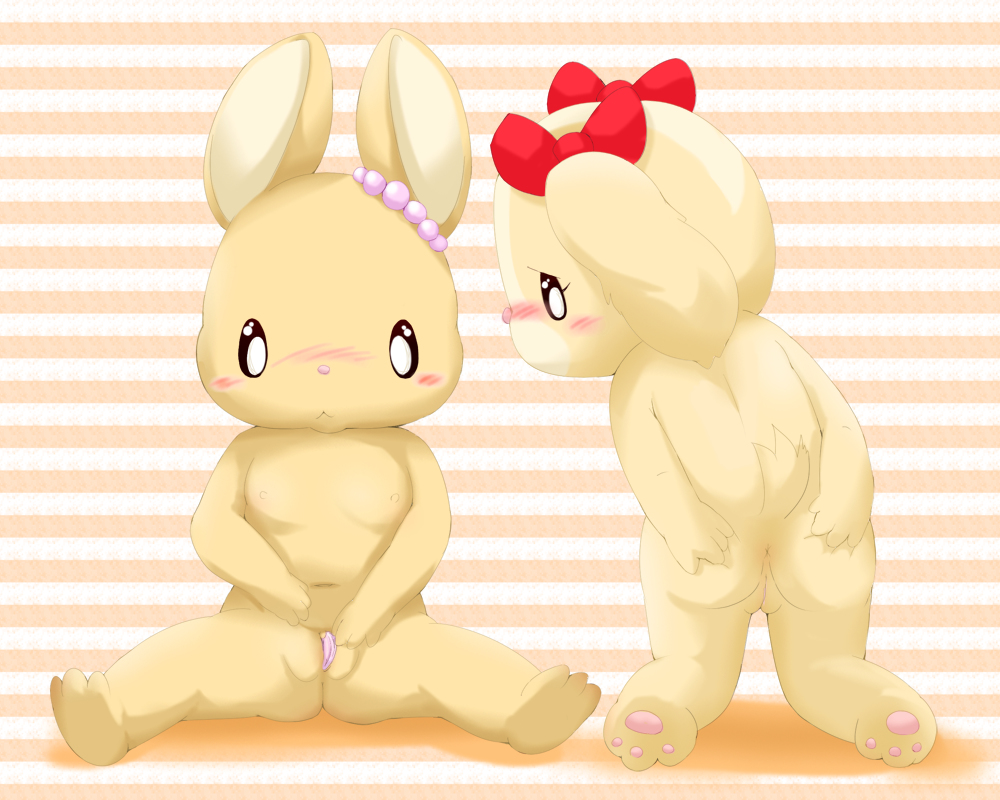 2girls :< anthro anus beads beady_eyes blush brown_fur canine cute duo female female_only fluffy fluffy_tail fur furry kneeling lagomorph mammal maple_town navel nipples nude patty_(maple_town) pawpads pussy rabbit rolly_(maple_town) shy sitting spreading young