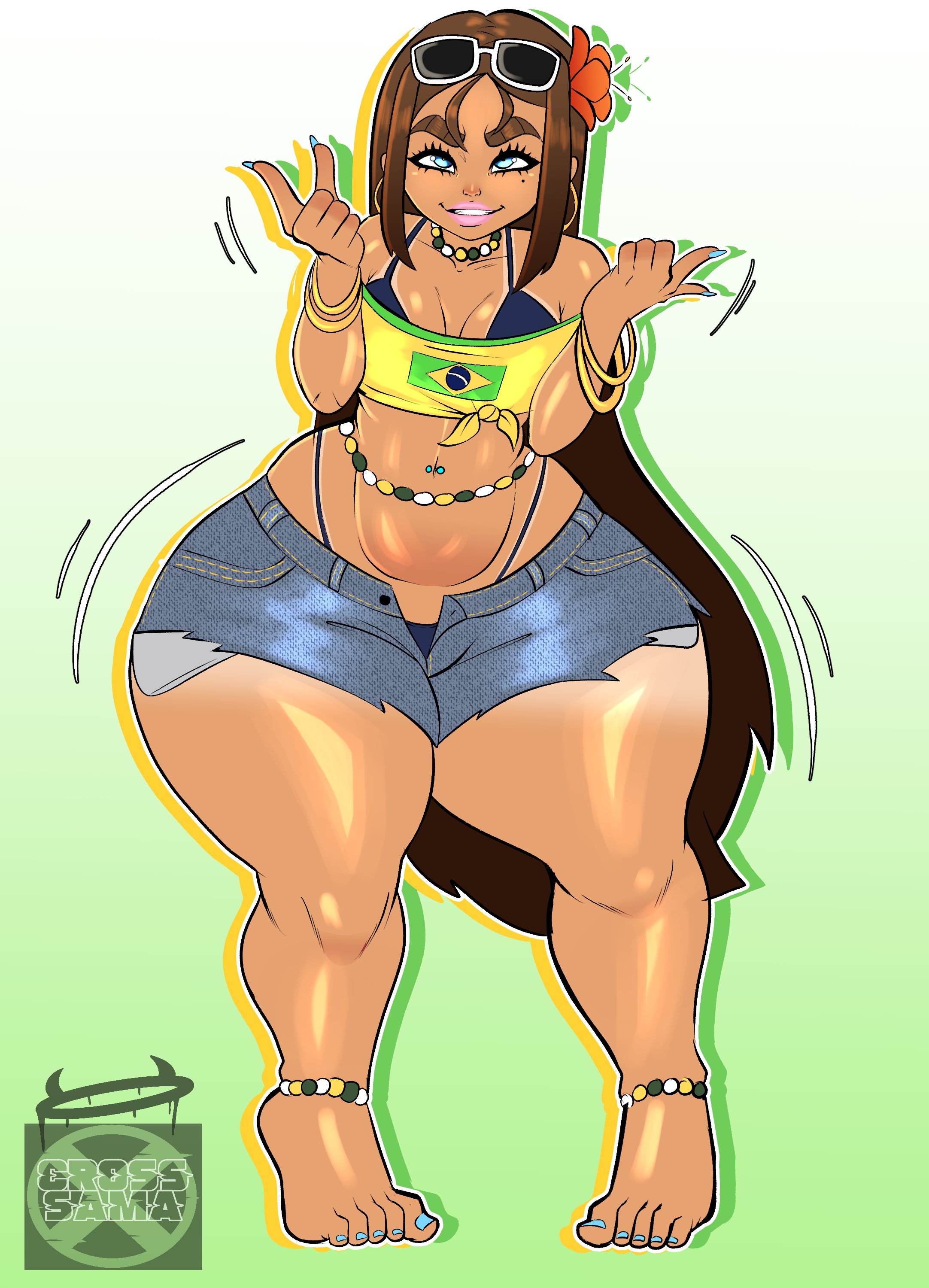 5 fingers, 5 toes, alexandria (cross samax), anklet, artist name, barefoot, brazilian flag, brazilian miku (cosplay), brunette, brunette female, brunette hair, cross samax, dancing, dummy thicc, feet, female, flower in hair, hips wider than shoulders, huge thighs, motion lines, navel, navel piercing, painted nails, painted toenails, pink lipstick, shorts, shortstack, smug, tan body, tan skin, tanline, thicc, thicc ass, thicc thighs, thick ass, thick eyebrows, thick thighs, tomboyish, wide hips