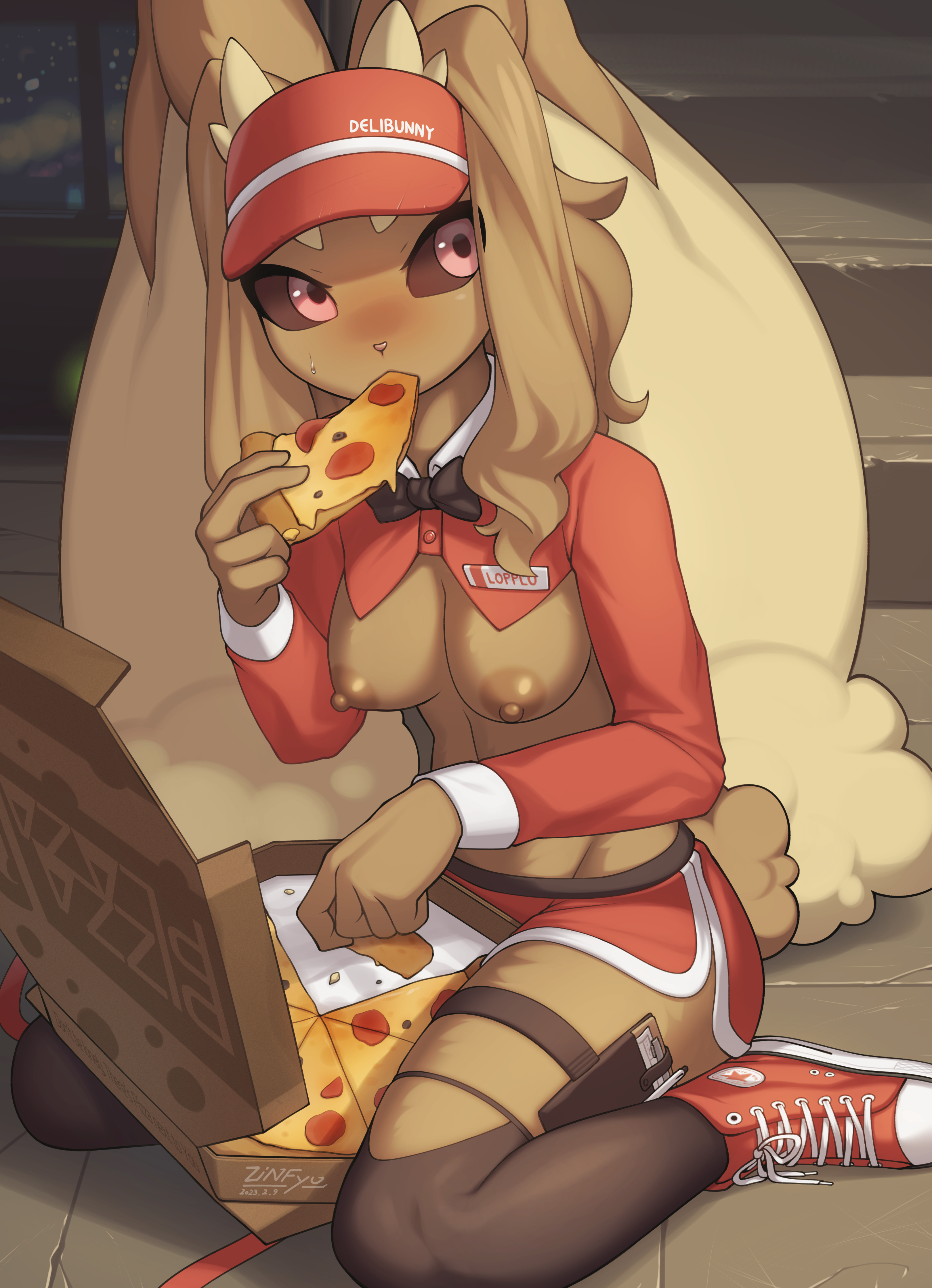 1girls, anthro, areola, areolae, breasts, converse, curvy, curvy female, female, female focus, female only, furry, furry only, lopunny, nipples, partially clothed, partially clothed female, pokemon, pokemon (species), sneakers, solo, solo female, solo focus, zinfyu