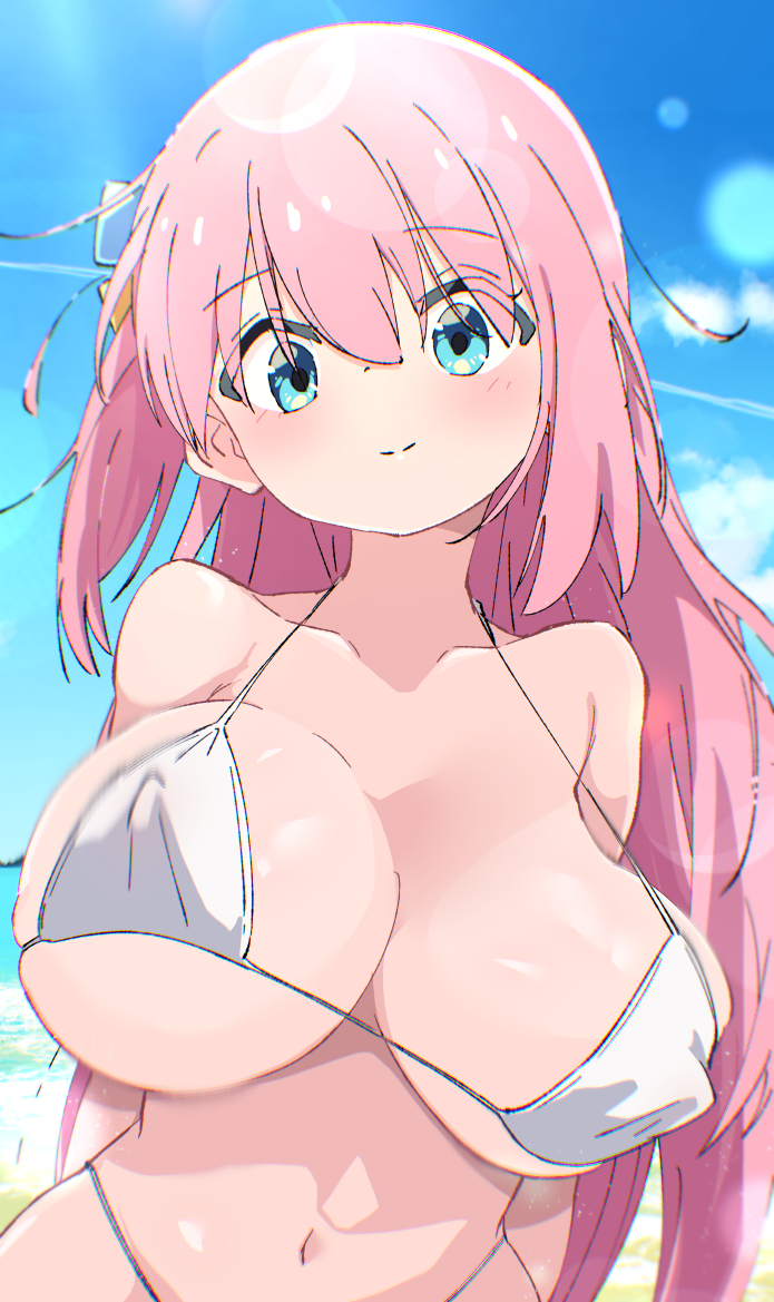 bare_shoulders bikini blue_eyes blue_sky blush bocchi_the_rock! bouncing_breasts breasts closed_mouth collarbone covered_erect_nipples cube_hair_ornament day female gotou_hitori h14_drawing hair_between_eyes hair_ornament large_breasts long_hair looking_at_viewer navel one_side_up outdoors pink_hair sky smile solo stomach swimsuit white_bikini