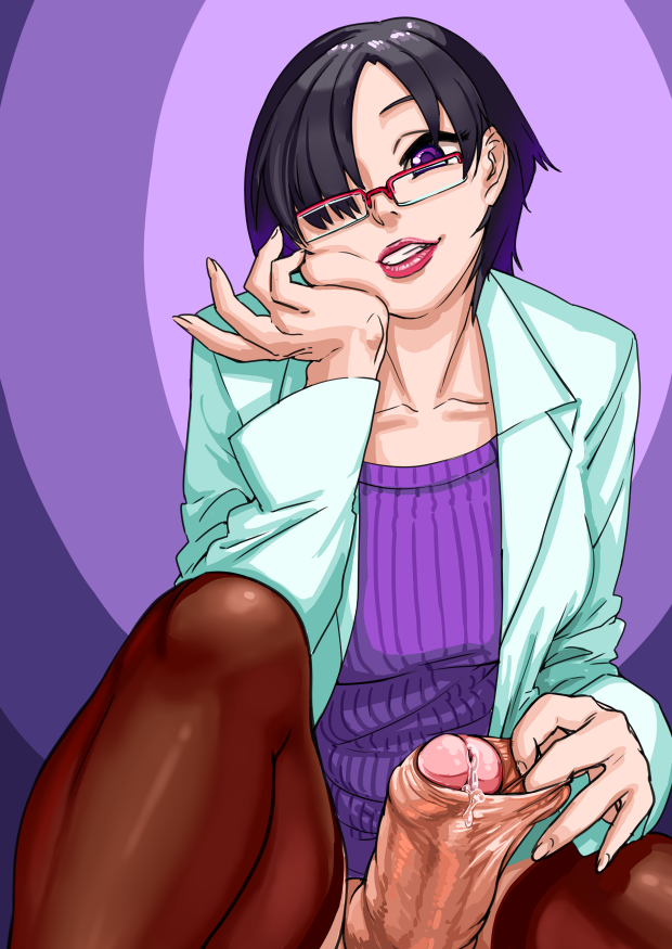 1futa black_hair brown_legwear cum erection foreskin foreskin_play foreskin_pull futa_only futanari glasses human intact labcoat large_penis lipstick looking_at_viewer loose_foreskin mysty_(neone-x) neone-x original over-rim_glasses partially_retracted_foreskin penis precum precum_drip purple_eyes ribbed_sweater short_hair smooth_penis solo sweater thighhighs uncut