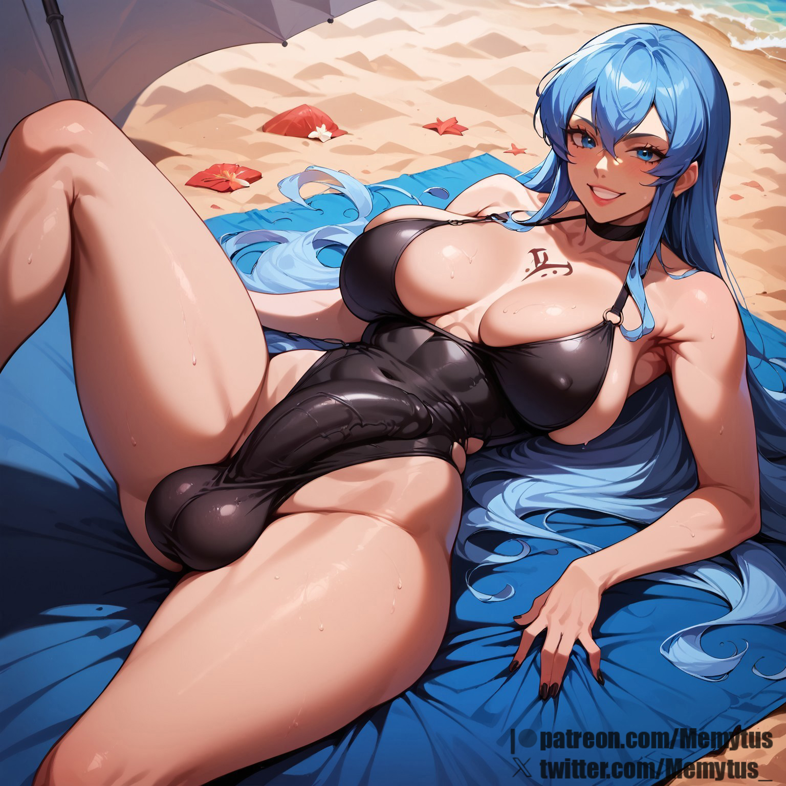 1futa, ai generated, akame ga kill!, blue eyes, blue hair, breasts, bulge, bulge through clothing, esdeath (akame ga kill!), female, futa focus, futa only, futanari, huge breasts, intersex, memytus, milf, one-piece swimsuit, solo, solo focus, solo futa, thick thighs