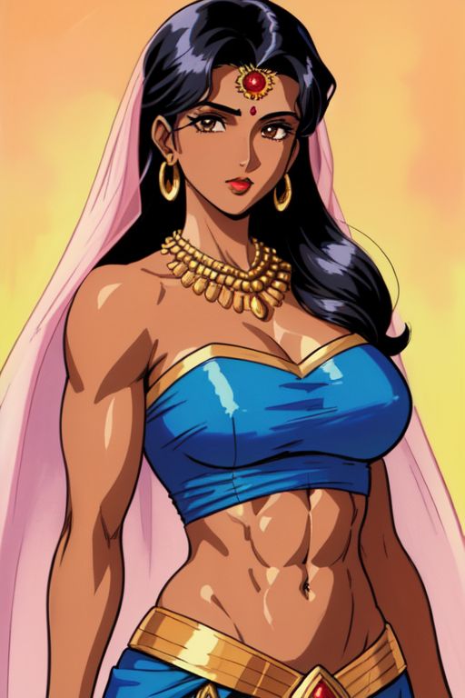 abs ai_generated bare_shoulders big_breasts bindi black_hair brown_eyes cleavage dark-skinned_female dark_skin earrings forehead_jewel hourglass_figure indian indian_clothes indian_female long_hair looking_at_viewer midriff muscular_female navel necklace red_lips red_lipstick saree sari simple_background slim_waist veil wide_hips