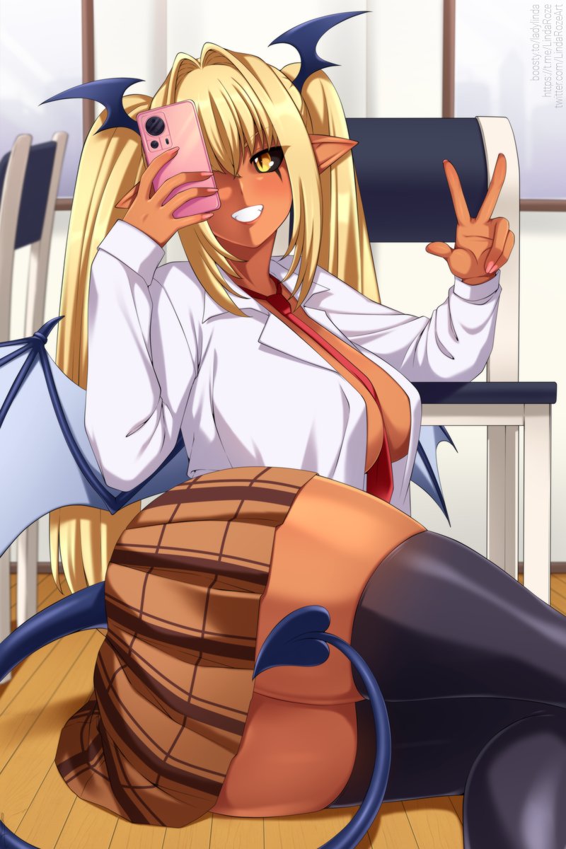 black_sclera blonde_hair dark-skinned_female dark_skin emma_(monster_musume) gyaru large_breasts lindaroze monster_musume_no_iru_nichijou necktie necktie_between_breasts no_bra open_shirt plaid plaid_skirt red_necktie red_neckwear school_uniform schoolgirl_uniform shirt_unbuttoned skirt stockings succubus succubus_tail succubus_wings tagme yellow_eyes