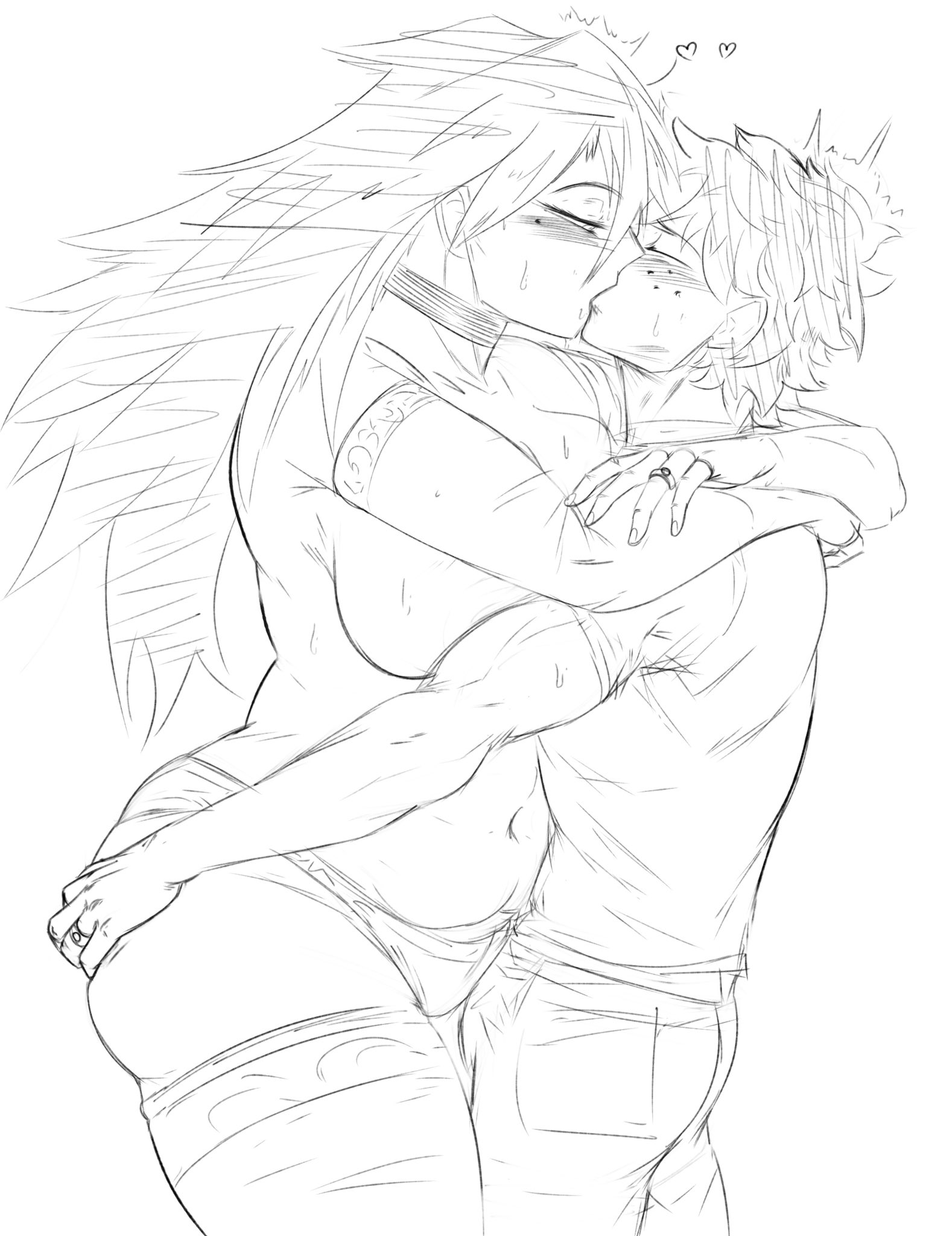 age difference, arm warmers, ass, big ass, big ass (female), blush, breast squish, breasts, chubby, chubby female, clothed male nude female, female, freckles, freckles on face, hands on ass, huge breasts, hugging, izuku midoriya, kissing, making out, male, midnight (my hero academia), mole, mole under eye, my hero academia, nemuri kayama, no bra, older female, older female and younger male, panties, sketch, synthleanna, thighhighs, topless, topless female, wedding ring, younger male
