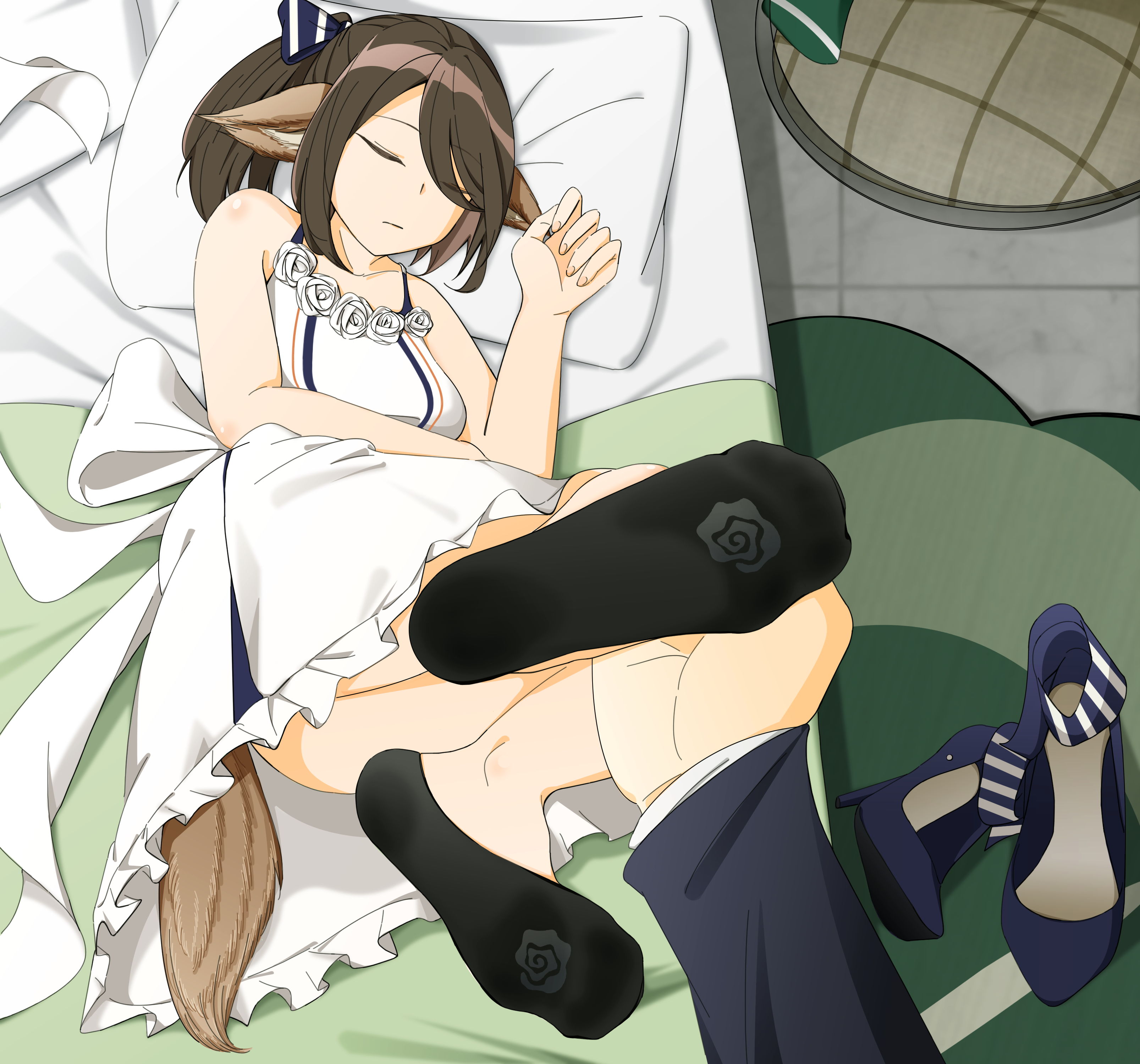 1girls, arknights, bed, black socks, brown hair, feet, feet up, female, foot fetish, fox girl, fully clothed, holding another's foot, holding foot, long feet, pajamas, ped socks, perfumer (arknights), sa (chinese artist), shoes removed, sleeping, socks, soles of feet in socks, tail, white dress