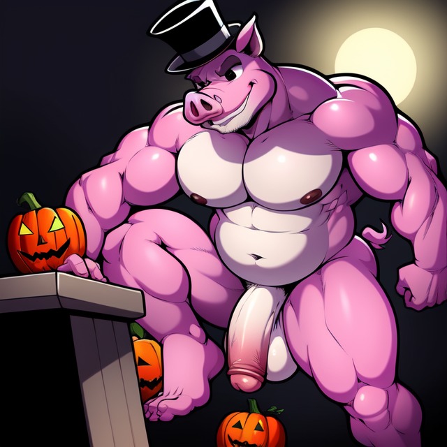 1boy 1furry 1male ai_generated animatronic animatronic_male anthro belly big_balls big_penis black_eyes domestic_pig fazbear_fanverse five_nights_at_freddy&#039;s frosting.ai furry furry_balls furry_male furry_only furry_penis gay halloween jack-o&#039;-lantern male male_focus male_only muscle musclegut muscles muscular muscular_anthro muscular_male peter_(tnar) pig pink_body sugar1989 those_nights_at_rachel&#039;s top_hat