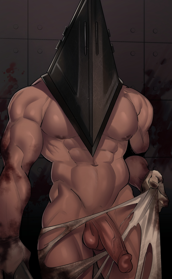 1boy abs arm_up blood blood_on_body blood_on_wall erection faceless faceless_male feet_out_of_frame half_mast helmet holding holding_weapon kukumomo large_pectorals male male_focus male_only nipples nude pectorals penis pyramid_head silent_hill_(series) silent_hill_2 solo solo_male standing testicles torn_clothes veins veiny_penis weapon