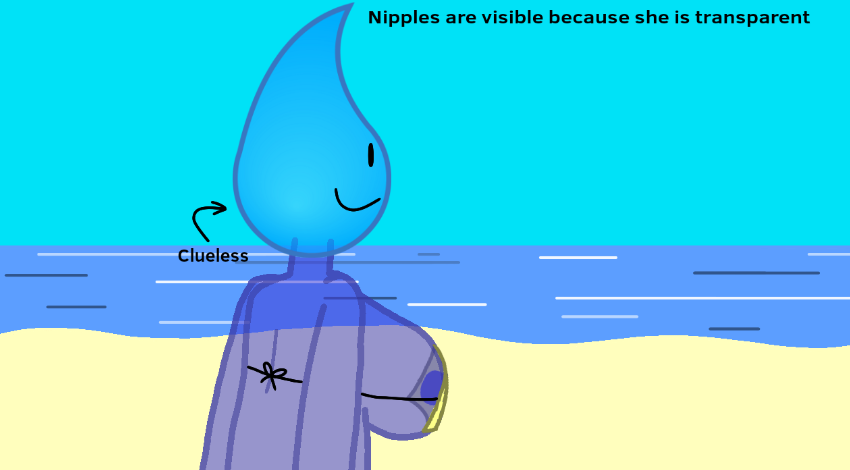 accidental_exposure arrow arrow_(symbol) battle_for_bfdi battle_for_dream_island beach beach_background bfb bikini black_text breasts clueless color colored english english_text female female_only glargleflarg object_shows ocean solo solo_female teardrop_(bfdi) text the_power_of_two tpot translucent transparent_body wardrobe_malfunction