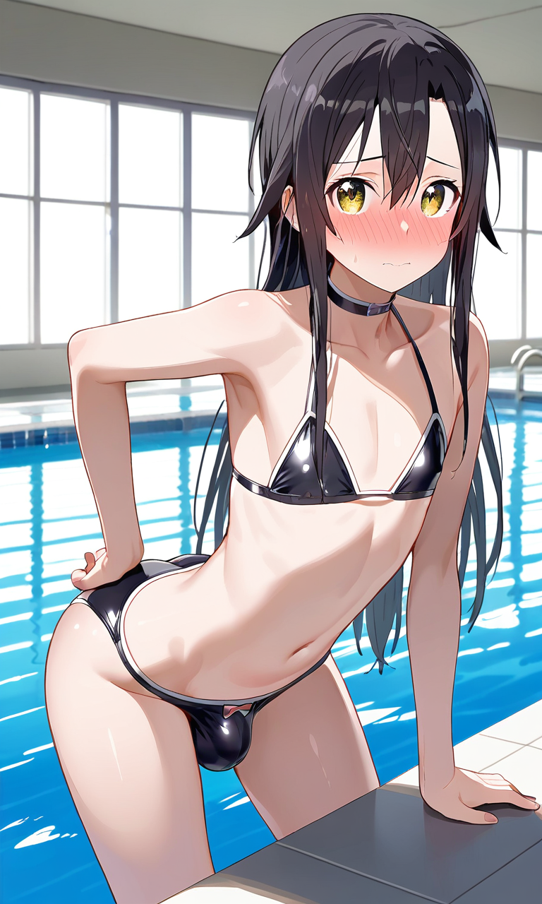 ai_generated bikini black_hair bulge cute embarrassed femboy girly hand_on_butt kirigaya_kazuto kirito kirito_(sao-ggo) long_hair male shy small_bulge small_penis swimming_pool swimsuit sword_art_online trap zoner_check