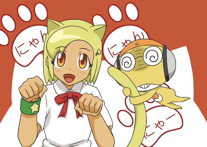 1boy angol_mois animal_ears blonde_hair brown_eyes cat_ears dark-skinned_female dark_skin female gyaru hair_ornament hairclip keroro_gunsou kururu_(keroro_gunsou) school_uniform