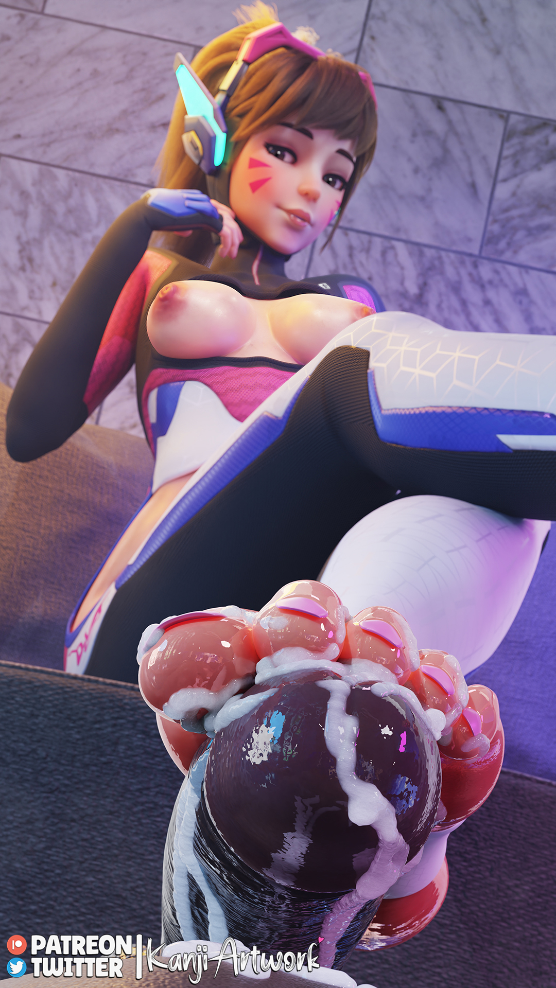 3d, black penis, bodysuit, boob window, breasts, brown eyes, brown hair, cum, cum on body, cum on feet, d.va, d.va (overwatch 2 suit), dark skin, dark-skinned male, feet, feet focus, feet on penis, female, foot fetish, footjob, kanjiartwork, kanjihentai, male, nail polish, overwatch, overwatch 2, penis, ponytail, pov, pov eye contact, skinsuit, smirk, soles, stirrup legwear