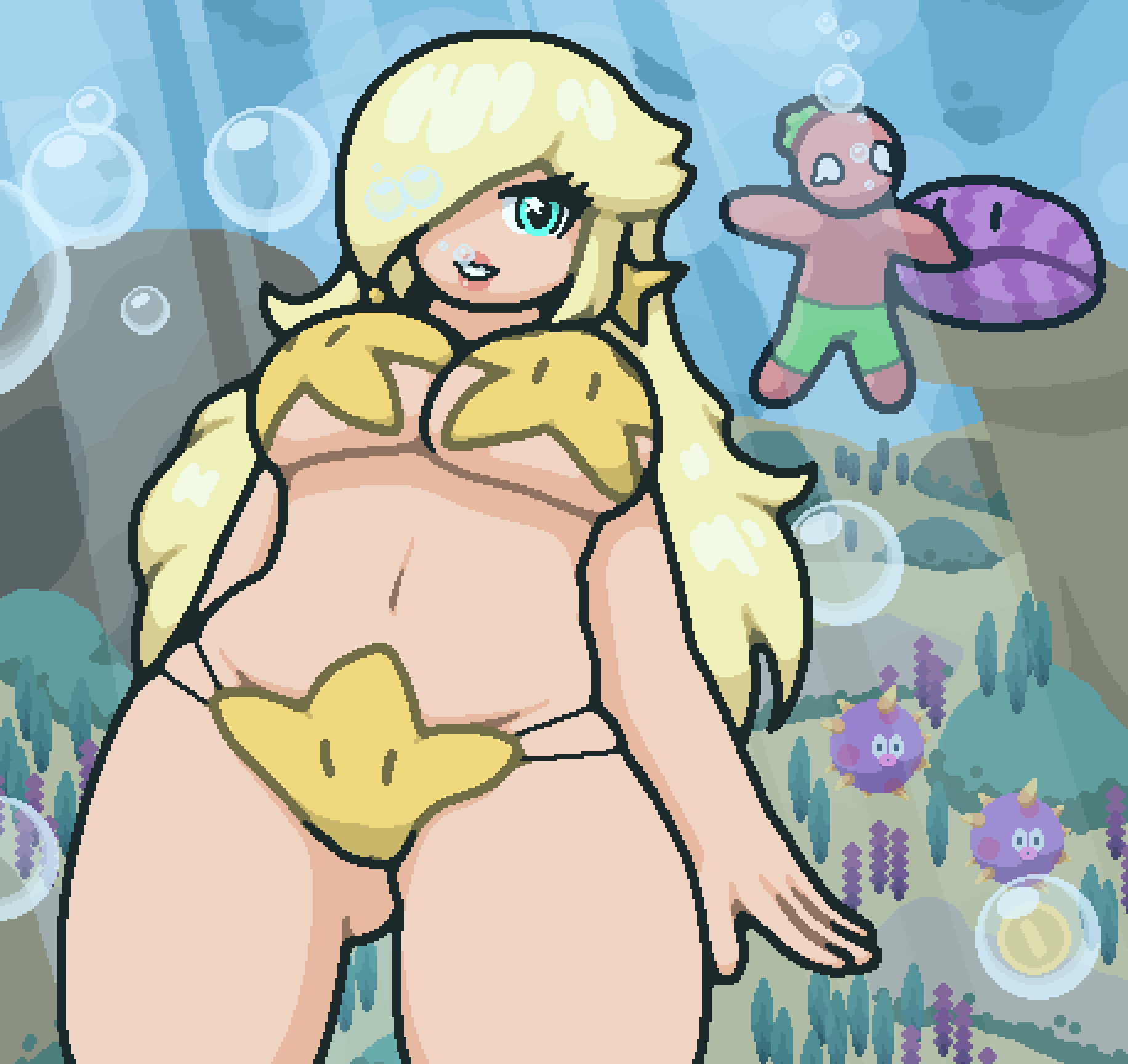 1girls big_breasts big_thighs bubbles chibi clampy_(mario) female female_only mario_(series) nintendo okami_tomato princess_rosalina solo star_bikini super_mario_bros. super_mario_galaxy tagme tomato_(okami_tomato) underwater urchin_(mario)