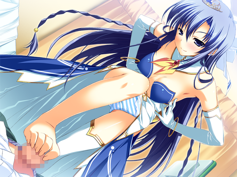 barefoot blue_hair blush bracelet braid censored daiuchuu_no_hokori elbow_gloves feet female femdom footjob hands_on_hips long_hair looking_down maria_do_arcadia pantyshot penis princess standing standing_footjob striped striped_panties tiara tied_hair toes wheel_(company)