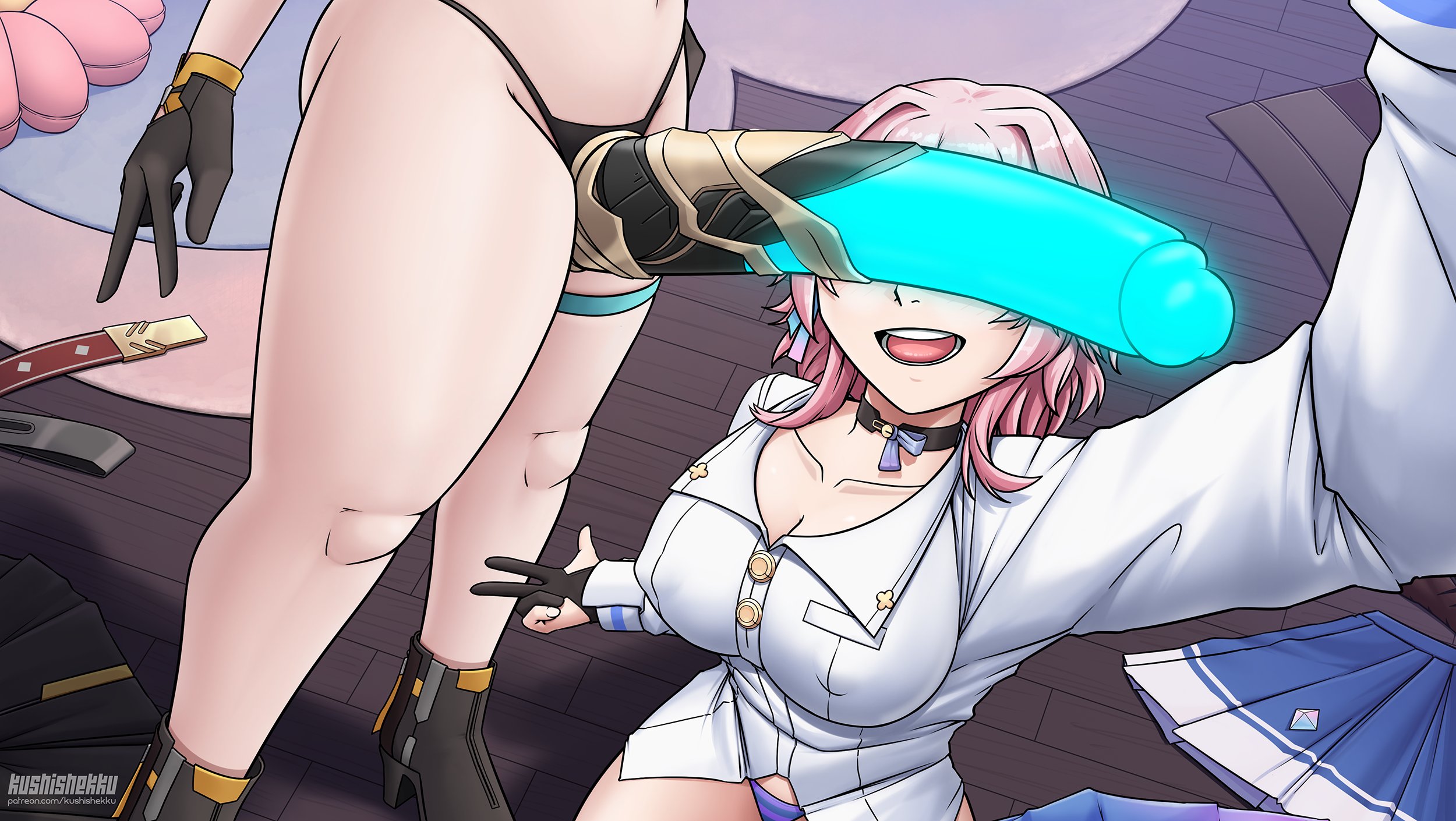 2girls, alternate version available, big breasts, breasts, clothed female, clothing, faceless female, female, female only, female/female, genitalwear, gloves, honkai: star rail, human, kushishekku, light skin, light-skinned female, march 7th (honkai: star rail), nude, nude female, pale skin, pink hair, stelle (honkai: star rail), strap-on, strapon, yuri