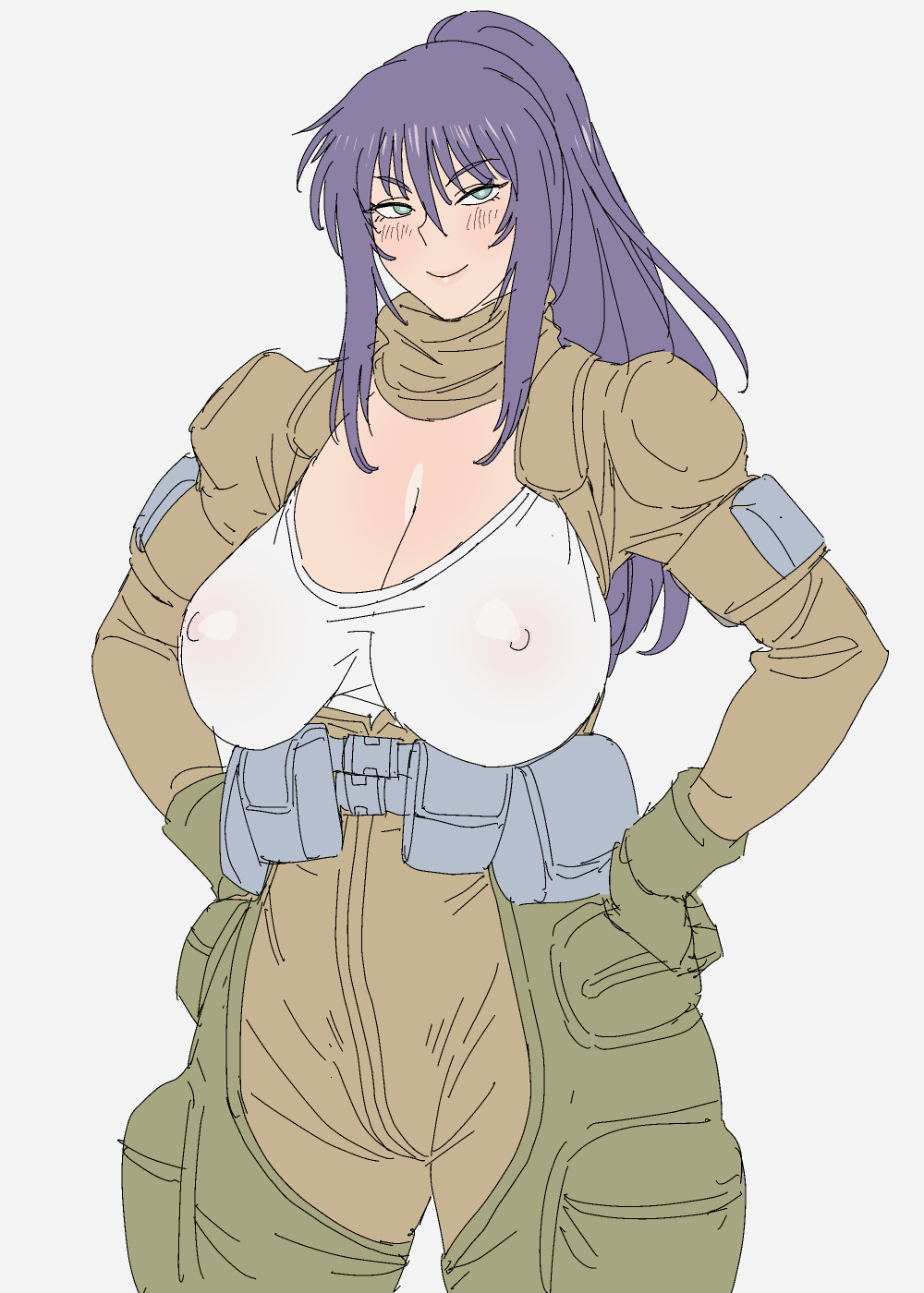 1girls desert_punk junko_asagiri large_breasts looking_at_viewer onsen_tamago_(hs_egg) purple_hair smile ssolo standing uniform