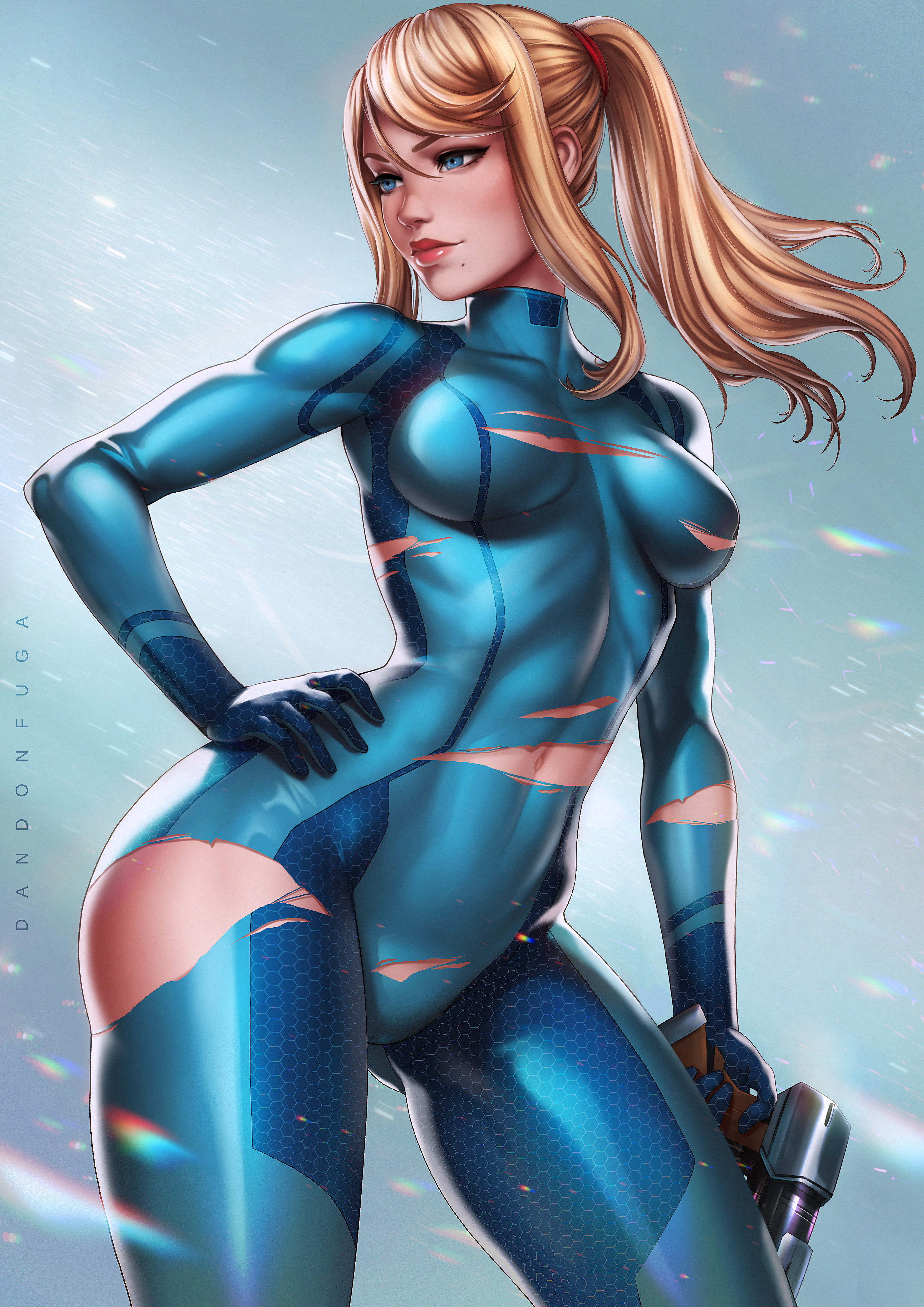 absurdres, artist name, beauty mark, blonde hair, blue eyes, bodysuit, breasts, clothed, cowboy shot, curvy, dandon fuga, eyelashes, female, female only, gun, hand on hip, handgun, highres, holding weapon, human, large breasts, lipstick, long hair, metroid, mole, nintendo, ponytail, ranged weapon, samus aran, shiny clothes, sidelocks, solo, standing, tied hair, tight clothes, tight clothing, toned, torn clothes, weapon, zero suit, zero suit samus