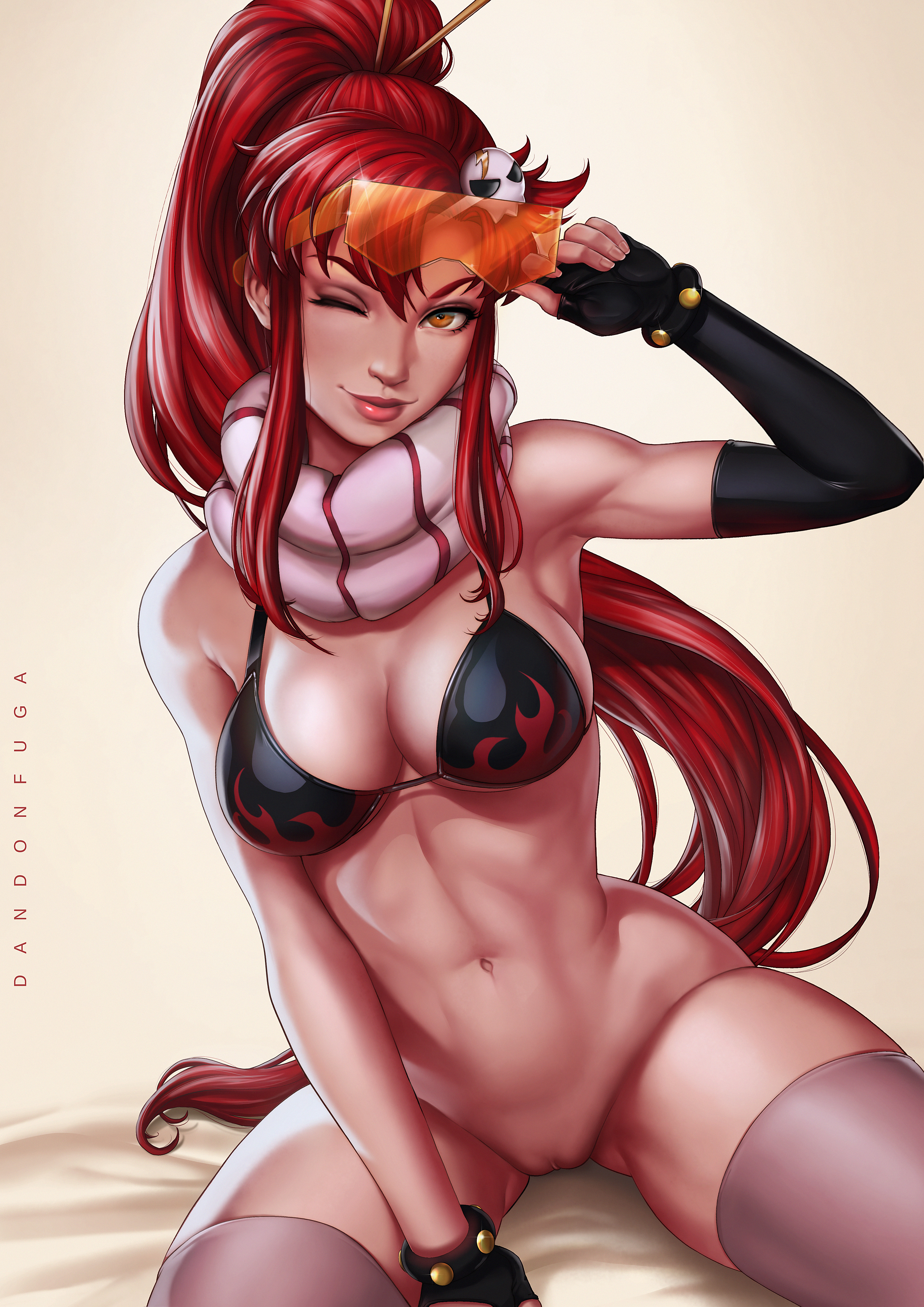 absurdres, armpits, artist name, bikini, bikini top, bottomless, breasts, cleavage, curvy, dandon fuga, elbow gloves, eyewear, eyewear on head, female, female only, gloves, hair ornament, hair stick, hairless pussy, highres, human, large breasts, long hair, looking at viewer, navel, ponytail, pussy, red hair, scarf, sidelocks, sitting, skull hair ornament, smile, solo, sunglasses, sunglasses on head, tengen toppa gurren lagann, thighhighs, tied hair, toned, very long hair, wink, yoko littner