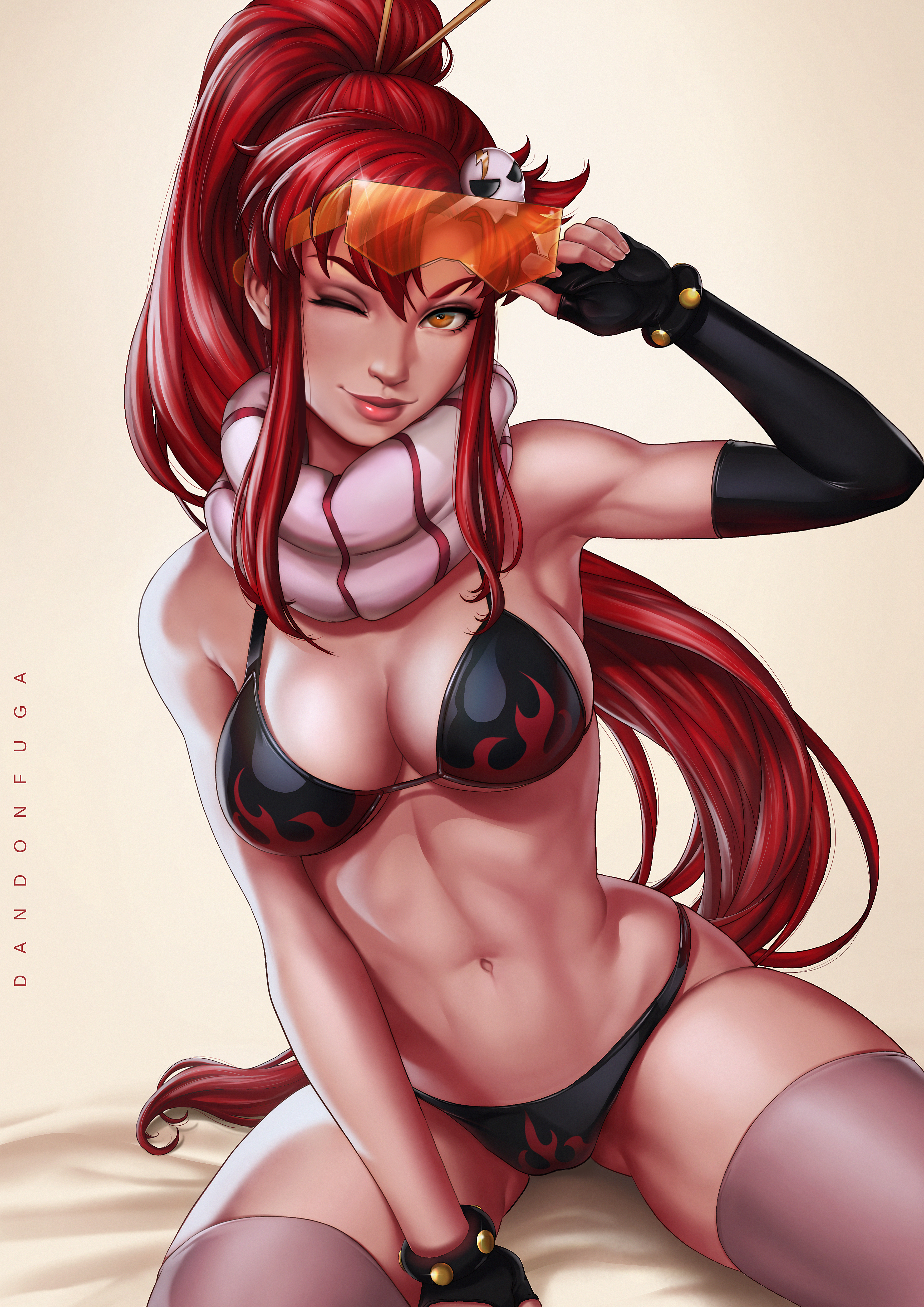 absurdres, armpits, artist name, bikini, bikini bottom, breasts, cleavage, clothed, curvy, dandon fuga, elbow gloves, eyewear, eyewear on head, female, female only, gloves, hair ornament, hair stick, highres, human, large breasts, long hair, looking at viewer, navel, no pants, no shorts, ponytail, red hair, scarf, sidelocks, sitting, skull hair ornament, smile, solo, sunglasses, sunglasses on head, tengen toppa gurren lagann, thighhighs, tied hair, toned, very long hair, wink, yoko littner