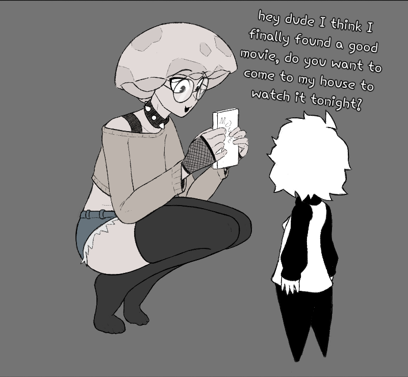 1boy 1femboy 2boys champaanimation champi_(oc) comic comic_page femboy fully_clothed gray_hellsing looking_at_another mushroom mushroom_humanoid oc size_difference squatting talking talking_to_another