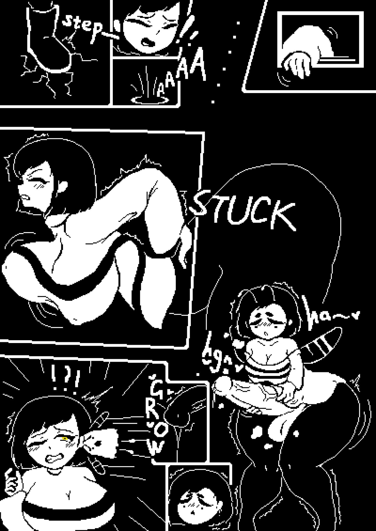 1gonth, ass bigger than head, big ass, big breasts, blush lines, blushing, boots, breasts, breasts bigger than head, comic, frisk, frisk (undertale), futanari, highres, intersex, mr1ngonth, pixel art, shaking, striped clothing, stuck in wall, swinging breasts, transformation, undertale, whimsun, wings, yellow eyes