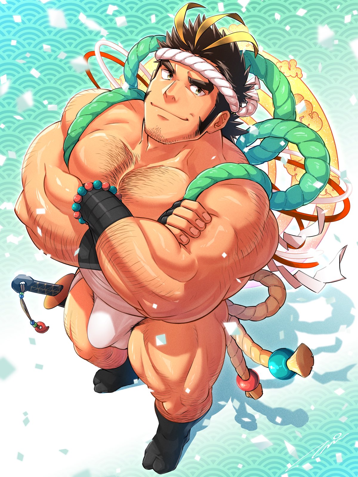 1boy arm_hair aura bangs bara bead_bracelet beard_stubble beefy big_breasts brown_hair bulge bulge_through_clothing chest_hair confetti crossed_arms daddy dilf fingerless_gloves frown fundoshi hachimaki headband hi_res japanese_clothes leg_hair looking_at_viewer looking_up magatama male male_only mature_male medium_hair muscles muscular muscular_arms muscular_ass muscular_legs muscular_male muscular_thighs pecs ponytail pubic_hair rokushaku_fundoshi rope shimenawa shoes sideburns smile standing taped_wrists tepen_(tptptpn) thick thick_arms thick_eyebrows thick_thighs tokyo_afterschool_summoners weapon weapon_on_hip white_fundoshi yamasachihiko_(tokyo_afterschool_summoners) yellow_eyes