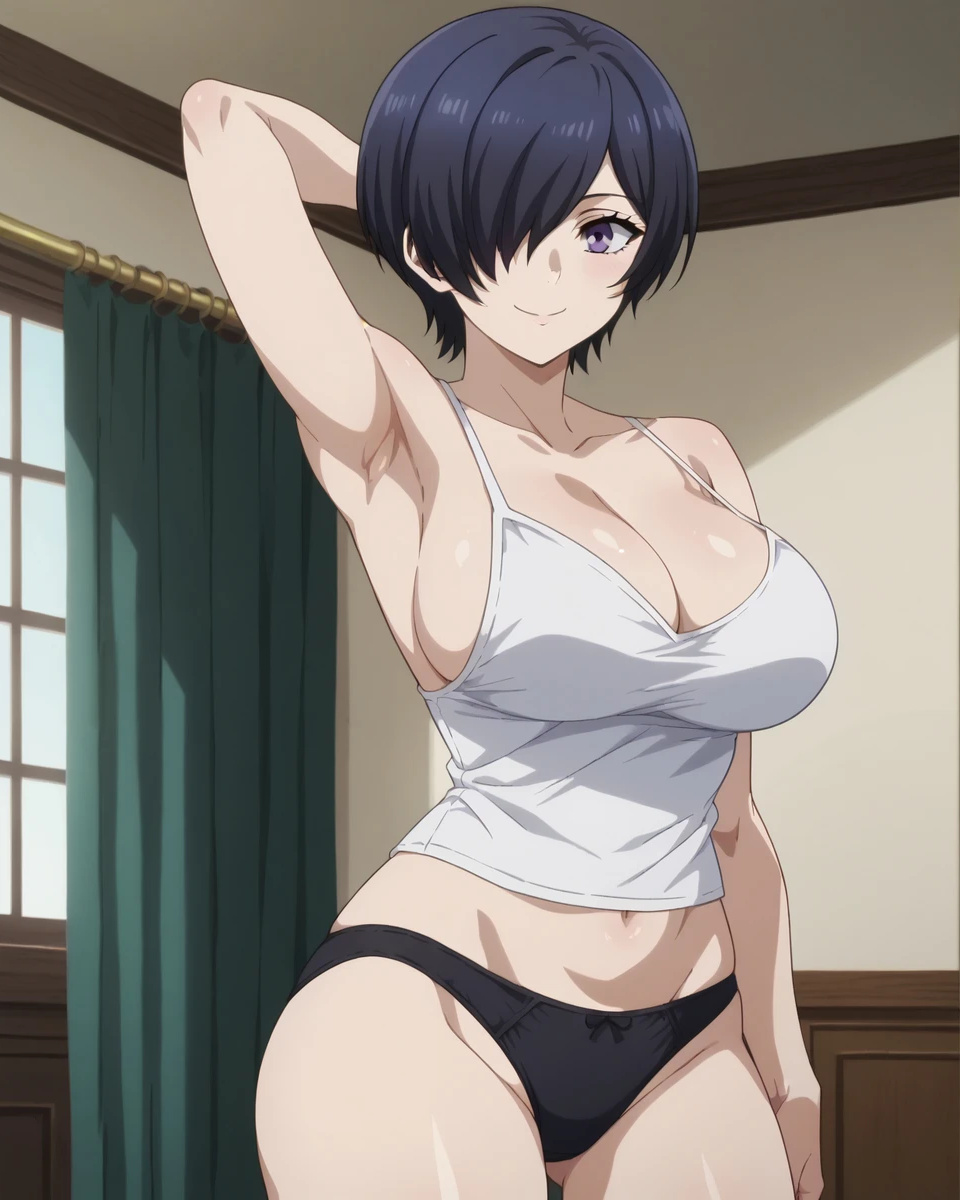 ai_generated armpits arms_up asian asian_female athletic_female bare_legs big_breasts black_hair hair_over_one_eye huge_breasts huge_thighs kirishima_touka light-skinned_female light_skin looking_at_viewer massive_breasts panties purple_eyes short_hair solo_female squatting subaruarm sweat sweatdrop tank_top thick_thighs thighs tokyo_ghoul voluptuous voluptuous_female