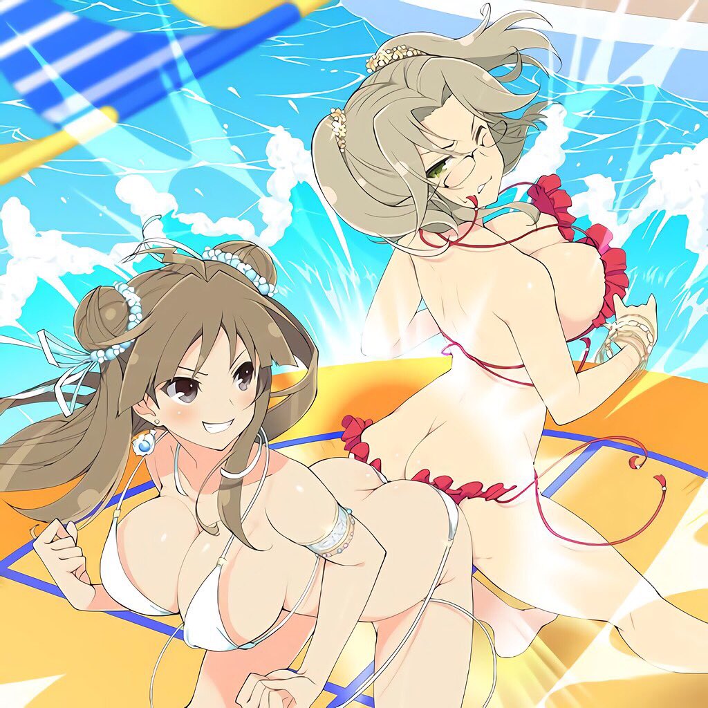 1:1_aspect_ratio ass ass-to-ass bikini breasts catfight female female_only fighting huge_ass huge_breasts imu_(senran_kagura) keijo keijo!!!!!!!! renka_(senran_kagura) senran_kagura swimsuit twintails yaegashi_nan