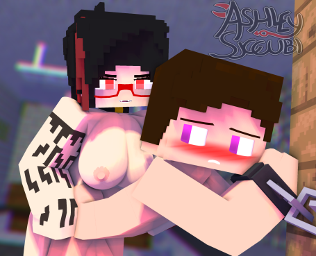 1boy 1girl angel-matty angelmatty ashley_succubi black_hair breasts brown_hair chained collar dominant_female embarrassed_nude_male erection female_on_male mine-imator minecraft pegging punishment purple_eyes red_eyes red_glasses rubbing strap-on submissive_male tattoo_on_arm