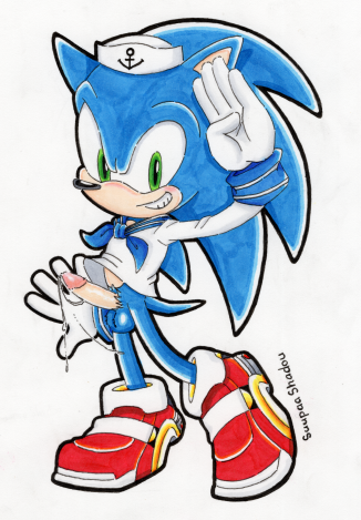 dick erection furry green_eyes hedgehog misshiirin mobian_(species) no_pants penis precum sailor_outfit salute saluting sega sneakers sonic_(series) sonic_the_hedgehog sonic_the_hedgehog_(series) standing traditional_media_(artwork)